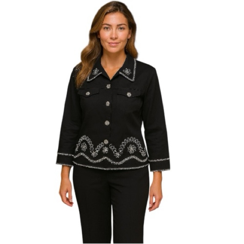Very Vera Embroidered Black Jacket S Chic Blazer, Cotton Blend with Embroidery